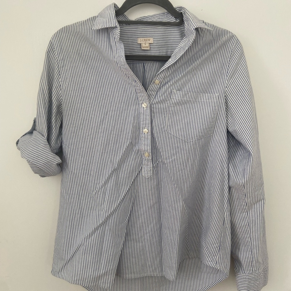 J.Crew Blue Striped Half Button-Up Shirt